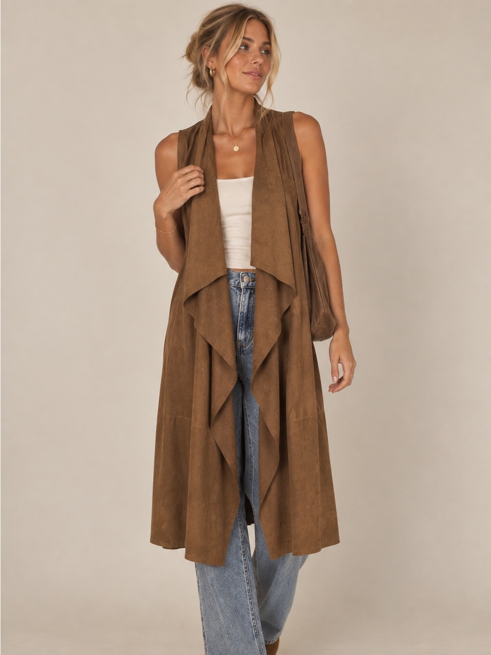 MAX STUDIO • NWT brown boho chic faux suede open front draped long vest size M
